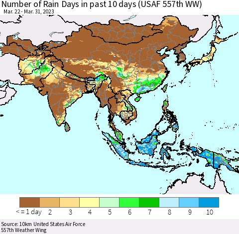 Asia Number of Rain Days in past 10 days (USAF 557th WW) Thematic Map For 3/26/2023 - 3/31/2023