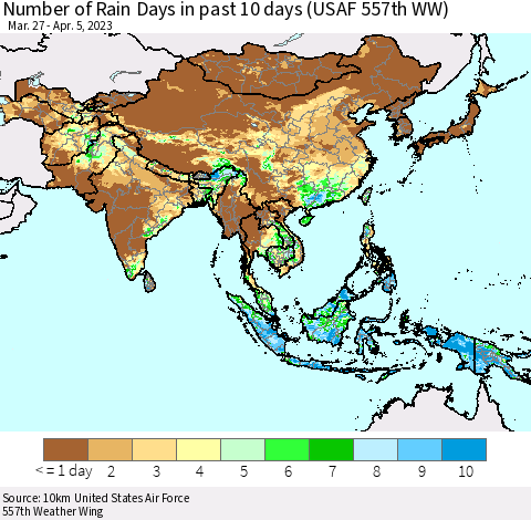Asia Number of Rain Days in past 10 days (USAF 557th WW) Thematic Map For 4/1/2023 - 4/5/2023