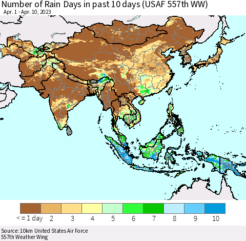 Asia Number of Rain Days in past 10 days (USAF 557th WW) Thematic Map For 4/6/2023 - 4/10/2023