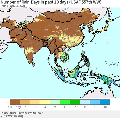 Asia Number of Rain Days in past 10 days (USAF 557th WW) Thematic Map For 4/11/2023 - 4/15/2023