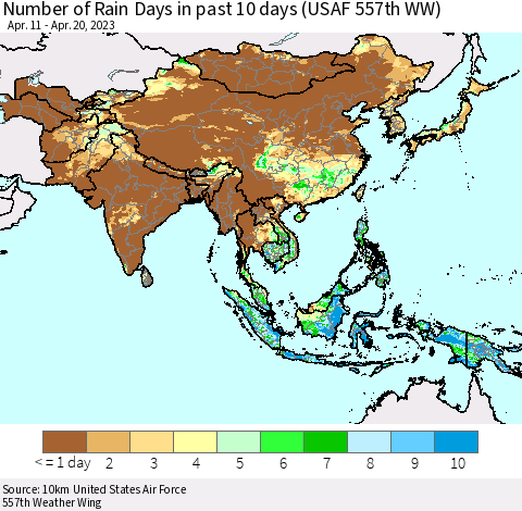 Asia Number of Rain Days in past 10 days (USAF 557th WW) Thematic Map For 4/16/2023 - 4/20/2023