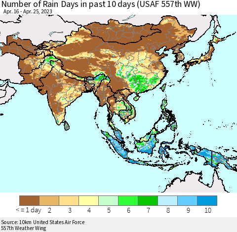 Asia Number of Rain Days in past 10 days (USAF 557th WW) Thematic Map For 4/21/2023 - 4/25/2023