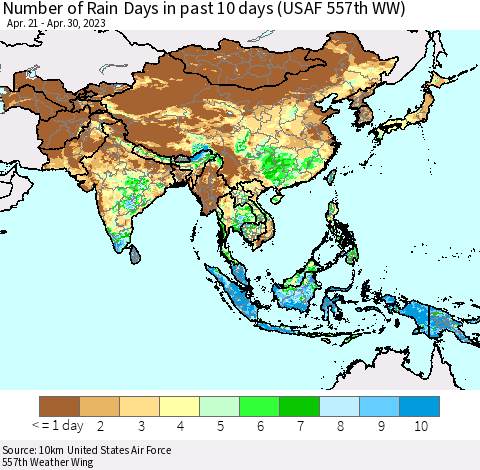Asia Number of Rain Days in past 10 days (USAF 557th WW) Thematic Map For 4/26/2023 - 4/30/2023