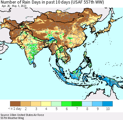 Asia Number of Rain Days in past 10 days (USAF 557th WW) Thematic Map For 5/1/2023 - 5/5/2023