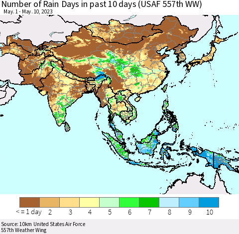 Asia Number of Rain Days in past 10 days (USAF 557th WW) Thematic Map For 5/6/2023 - 5/10/2023