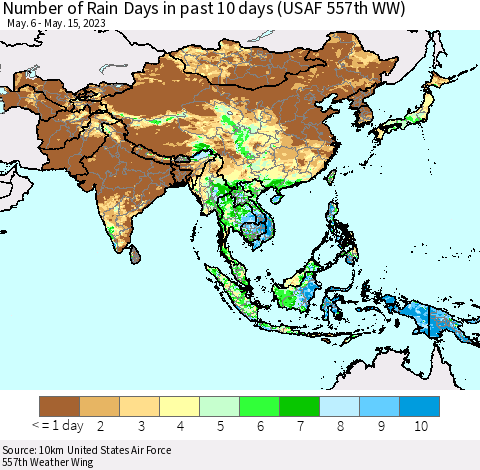 Asia Number of Rain Days in past 10 days (USAF 557th WW) Thematic Map For 5/11/2023 - 5/15/2023