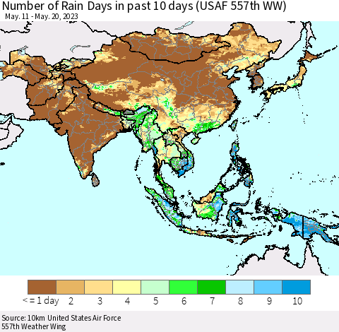 Asia Number of Rain Days in past 10 days (USAF 557th WW) Thematic Map For 5/16/2023 - 5/20/2023