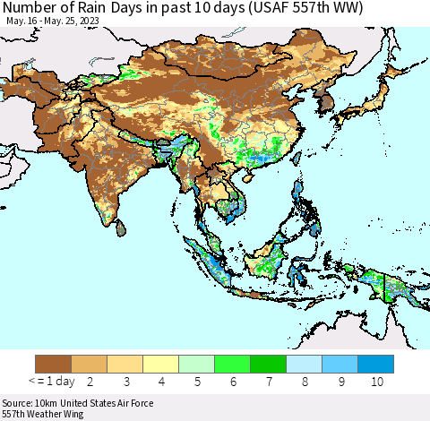 Asia Number of Rain Days in past 10 days (USAF 557th WW) Thematic Map For 5/21/2023 - 5/25/2023