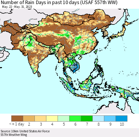 Asia Number of Rain Days in past 10 days (USAF 557th WW) Thematic Map For 5/26/2023 - 5/31/2023
