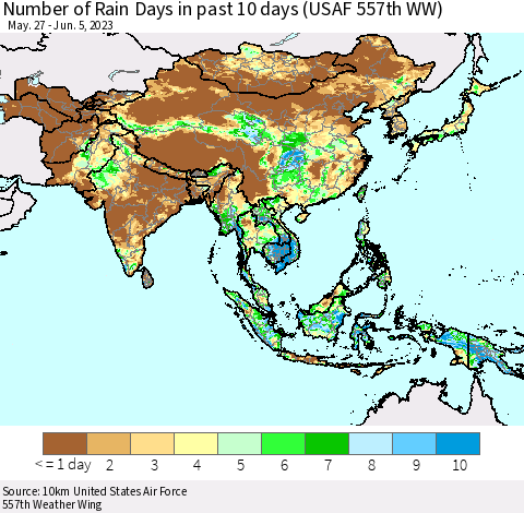 Asia Number of Rain Days in past 10 days (USAF 557th WW) Thematic Map For 6/1/2023 - 6/5/2023