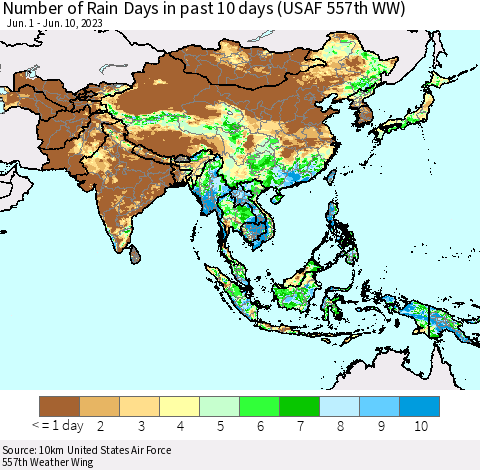 Asia Number of Rain Days in past 10 days (USAF 557th WW) Thematic Map For 6/6/2023 - 6/10/2023