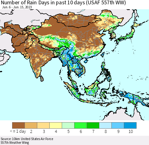 Asia Number of Rain Days in past 10 days (USAF 557th WW) Thematic Map For 6/11/2023 - 6/15/2023