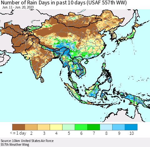 Asia Number of Rain Days in past 10 days (USAF 557th WW) Thematic Map For 6/16/2023 - 6/20/2023