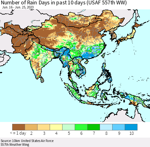 Asia Number of Rain Days in past 10 days (USAF 557th WW) Thematic Map For 6/21/2023 - 6/25/2023