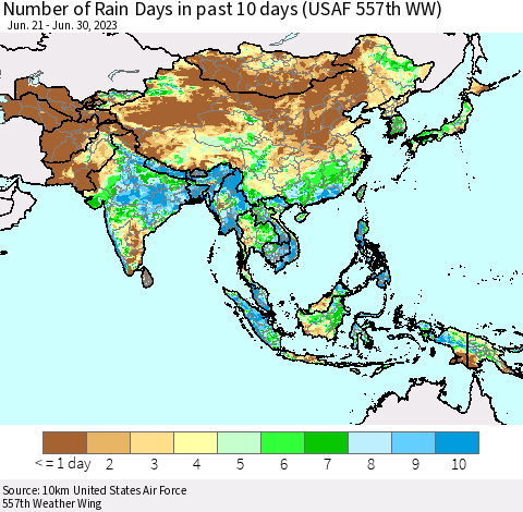 Asia Number of Rain Days in past 10 days (USAF 557th WW) Thematic Map For 6/26/2023 - 6/30/2023