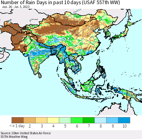Asia Number of Rain Days in past 10 days (USAF 557th WW) Thematic Map For 7/1/2023 - 7/5/2023