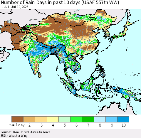 Asia Number of Rain Days in past 10 days (USAF 557th WW) Thematic Map For 7/6/2023 - 7/10/2023