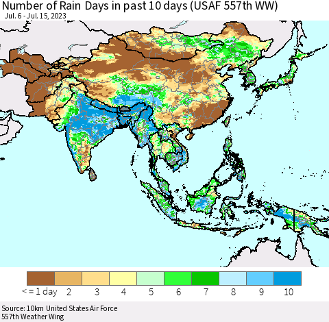 Asia Number of Rain Days in past 10 days (USAF 557th WW) Thematic Map For 7/11/2023 - 7/15/2023