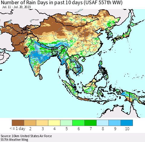 Asia Number of Rain Days in past 10 days (USAF 557th WW) Thematic Map For 7/16/2023 - 7/20/2023