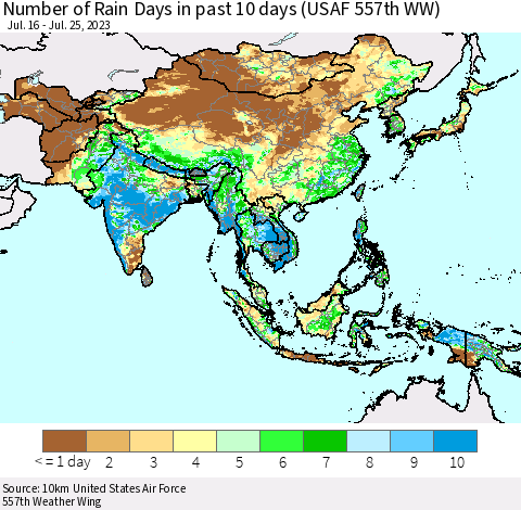 Asia Number of Rain Days in past 10 days (USAF 557th WW) Thematic Map For 7/21/2023 - 7/25/2023