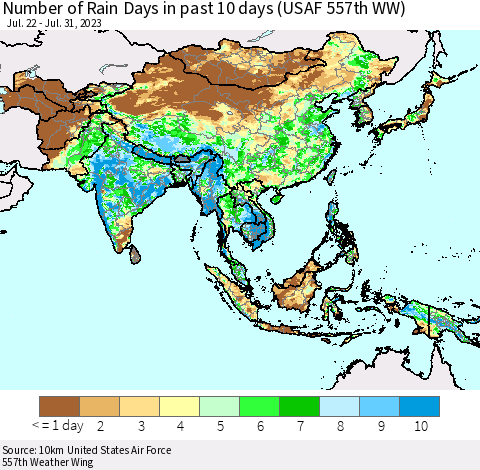 Asia Number of Rain Days in past 10 days (USAF 557th WW) Thematic Map For 7/26/2023 - 7/31/2023