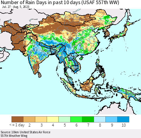 Asia Number of Rain Days in past 10 days (USAF 557th WW) Thematic Map For 8/1/2023 - 8/5/2023