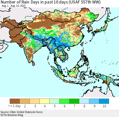 Asia Number of Rain Days in past 10 days (USAF 557th WW) Thematic Map For 8/6/2023 - 8/10/2023
