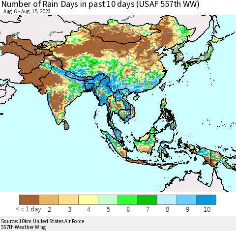 Asia Number of Rain Days in past 10 days (USAF 557th WW) Thematic Map For 8/11/2023 - 8/15/2023