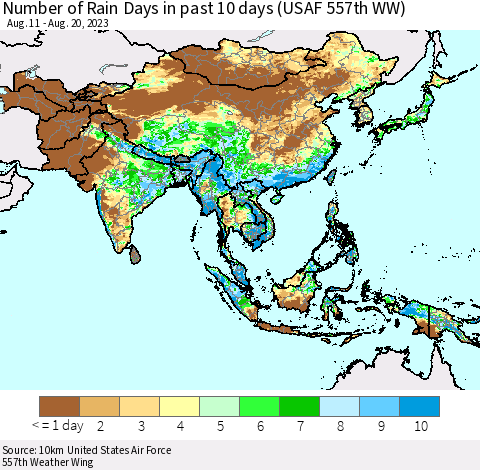 Asia Number of Rain Days in past 10 days (USAF 557th WW) Thematic Map For 8/16/2023 - 8/20/2023