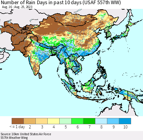 Asia Number of Rain Days in past 10 days (USAF 557th WW) Thematic Map For 8/21/2023 - 8/25/2023