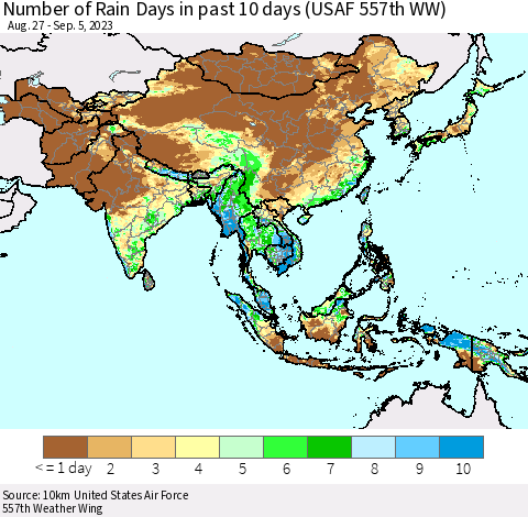 Asia Number of Rain Days in past 10 days (USAF 557th WW) Thematic Map For 9/1/2023 - 9/5/2023