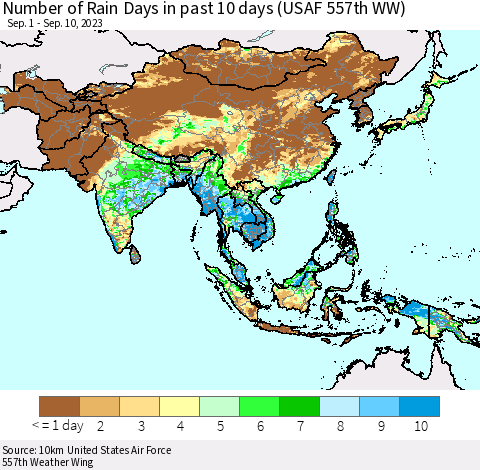Asia Number of Rain Days in past 10 days (USAF 557th WW) Thematic Map For 9/6/2023 - 9/10/2023