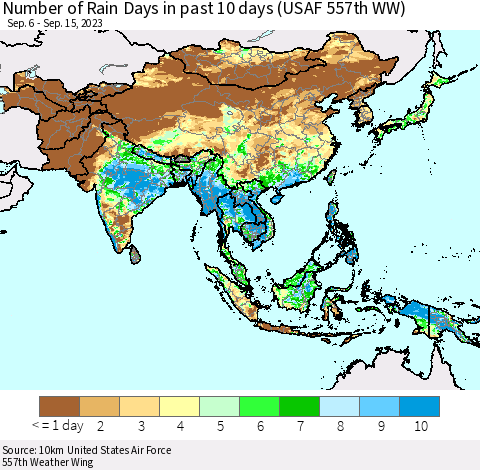 Asia Number of Rain Days in past 10 days (USAF 557th WW) Thematic Map For 9/11/2023 - 9/15/2023