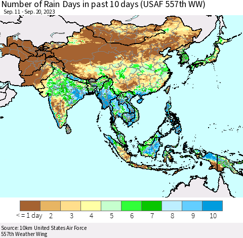 Asia Number of Rain Days in past 10 days (USAF 557th WW) Thematic Map For 9/16/2023 - 9/20/2023