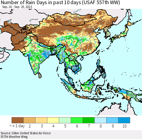 Asia Number of Rain Days in past 10 days (USAF 557th WW) Thematic Map For 9/21/2023 - 9/25/2023