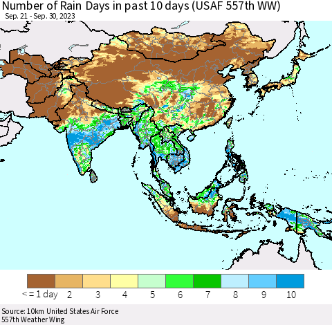 Asia Number of Rain Days in past 10 days (USAF 557th WW) Thematic Map For 9/26/2023 - 9/30/2023