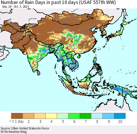 Asia Number of Rain Days in past 10 days (USAF 557th WW) Thematic Map For 10/1/2023 - 10/5/2023