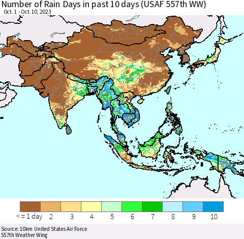 Asia Number of Rain Days in past 10 days (USAF 557th WW) Thematic Map For 10/6/2023 - 10/10/2023
