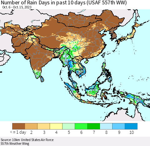 Asia Number of Rain Days in past 10 days (USAF 557th WW) Thematic Map For 10/11/2023 - 10/15/2023