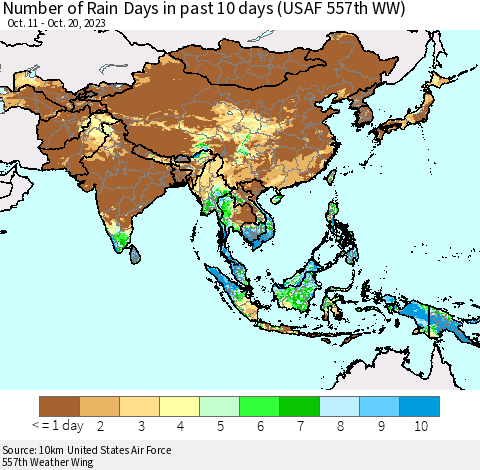 Asia Number of Rain Days in past 10 days (USAF 557th WW) Thematic Map For 10/16/2023 - 10/20/2023