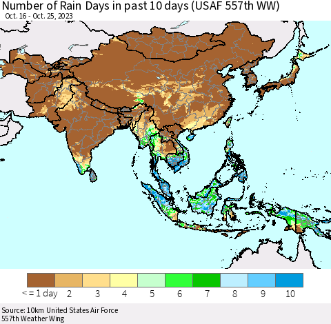 Asia Number of Rain Days in past 10 days (USAF 557th WW) Thematic Map For 10/21/2023 - 10/25/2023