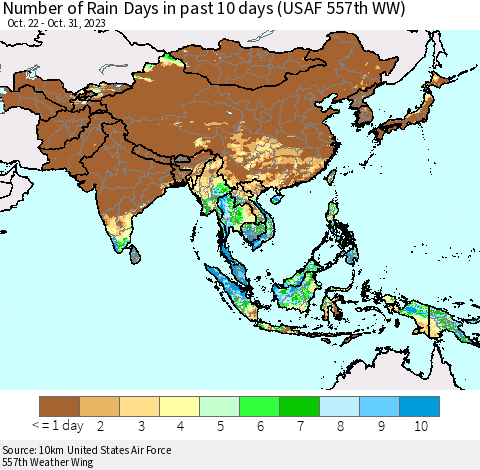 Asia Number of Rain Days in past 10 days (USAF 557th WW) Thematic Map For 10/26/2023 - 10/31/2023