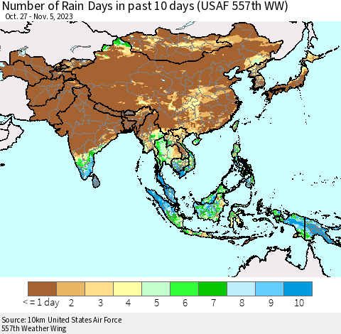 Asia Number of Rain Days in past 10 days (USAF 557th WW) Thematic Map For 11/1/2023 - 11/5/2023
