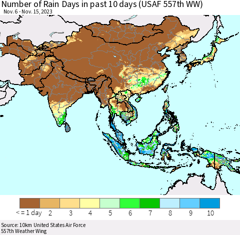 Asia Number of Rain Days in past 10 days (USAF 557th WW) Thematic Map For 11/11/2023 - 11/15/2023