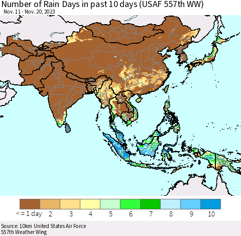 Asia Number of Rain Days in past 10 days (USAF 557th WW) Thematic Map For 11/16/2023 - 11/20/2023