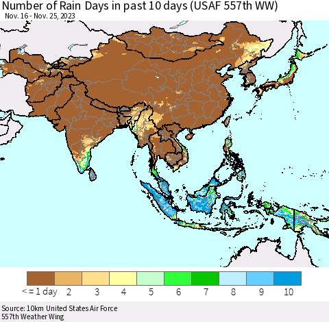 Asia Number of Rain Days in past 10 days (USAF 557th WW) Thematic Map For 11/21/2023 - 11/25/2023