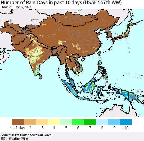 Asia Number of Rain Days in past 10 days (USAF 557th WW) Thematic Map For 12/1/2023 - 12/5/2023