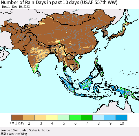 Asia Number of Rain Days in past 10 days (USAF 557th WW) Thematic Map For 12/6/2023 - 12/10/2023