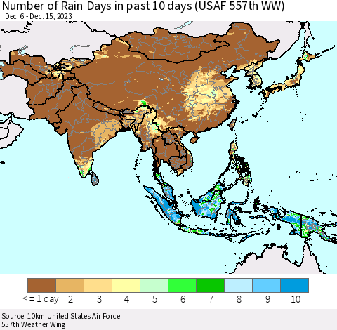 Asia Number of Rain Days in past 10 days (USAF 557th WW) Thematic Map For 12/11/2023 - 12/15/2023