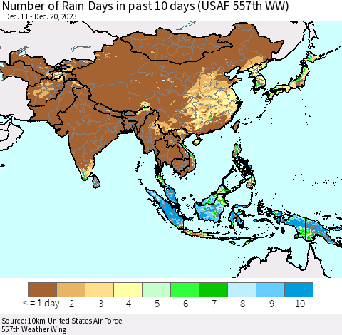 Asia Number of Rain Days in past 10 days (USAF 557th WW) Thematic Map For 12/16/2023 - 12/20/2023